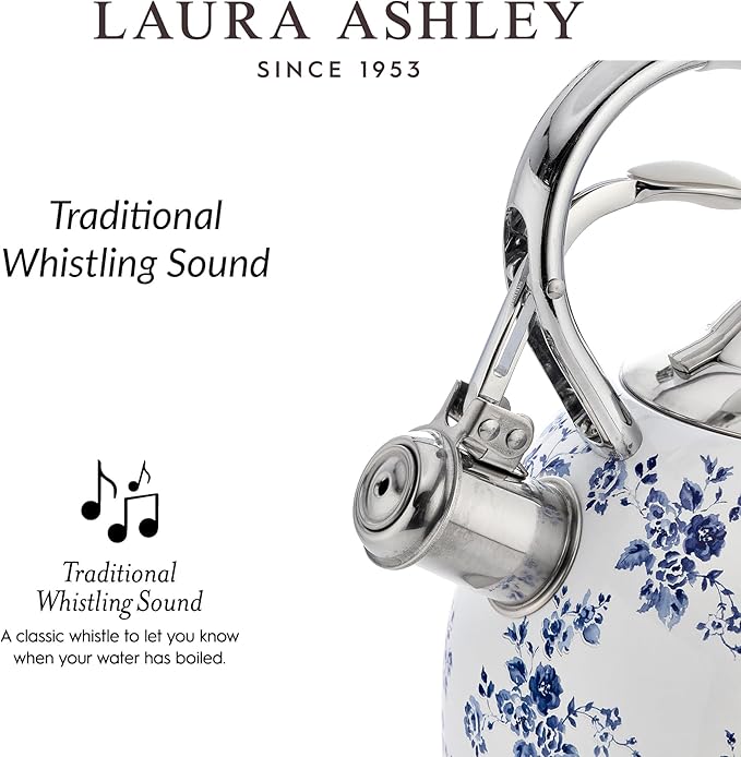 Laura Ashley China Rose Stovetop Kettle with Whistle - 2.5L Fast Boil Stainless Steel Kettle Stove Top - Silicon Coated Cool Handle Camping Kettle for Gas, Induction Hob - Compatible with Aga Stove