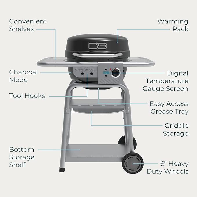 Charbroil 3-in-1 Dual Fuel Outdoor Bistro Pro Electric Grill & Griddle + Charcoal Mode BBQ, Black - 25302145