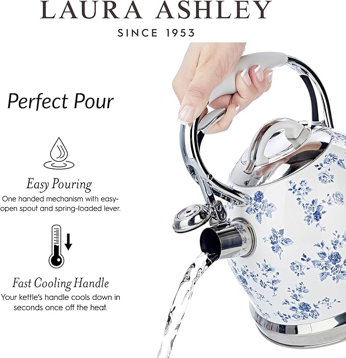 Laura Ashley China Rose Stovetop Kettle with Whistle - 2.5L Fast Boil Stainless Steel Kettle Stove Top - Silicon Coated Cool Handle Camping Kettle for Gas, Induction Hob - Compatible with Aga Stove