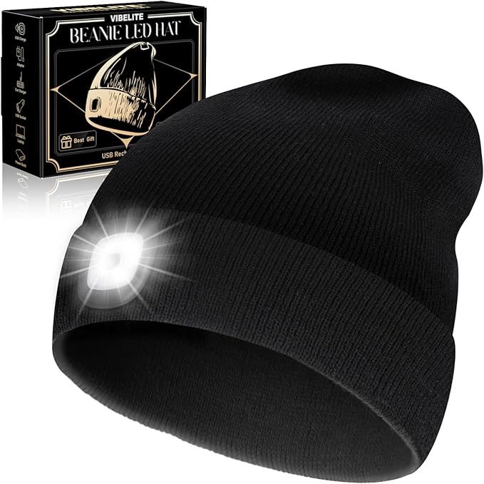 VIBELITE LED Beanie Hat with Light, USB Rechargeable LED Headlamp for Hiking, Camping, Gifts for Men, Dad, Teen Boys, Husband, Women, Boyfriend, Birthday Gifts for Women, Black