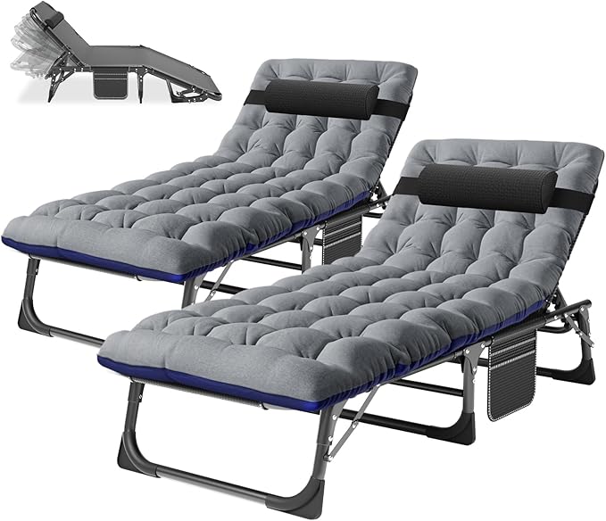Barbella Folding Lounge Chair with Mattress, 4 Position Adjustable Folding Sleeping Bed Cot Patio Chaise Lounge Chairs Perfect for Sunbathing, Camping, Pool, Beach, Patio