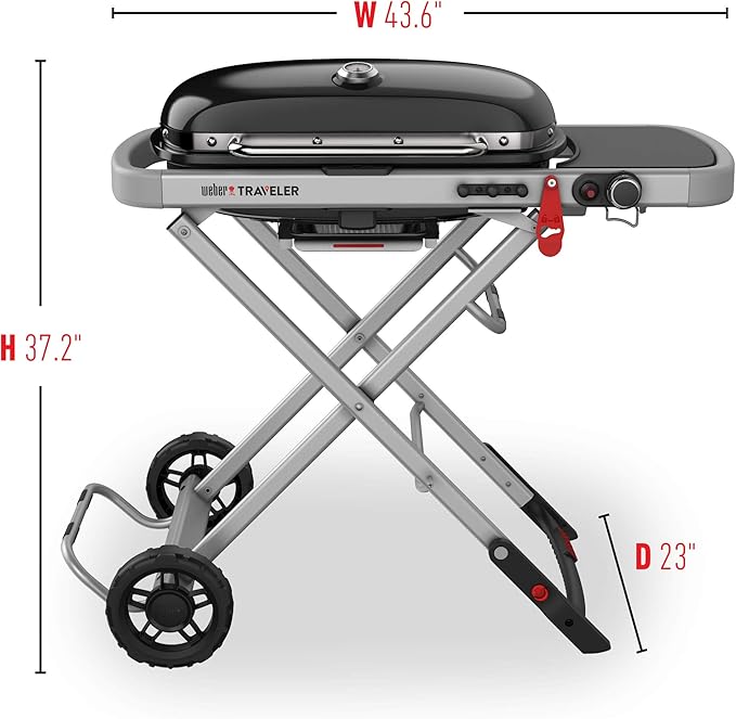 Weber Traveler Portable Liquid Propane Gas Grill for Camping and Travel, 1 Burner, Black