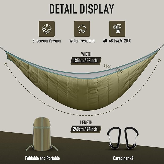 Single & Double Hammock Underquilt, Insulated Camping Quilt for Warm Sleeping, Easy to Setup and Packable for Camping, Hiking, Travel, Beach, Backyard, Patio (Army Green)