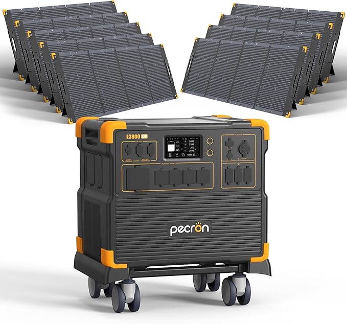 PECRON Portable Power Station E3800 LFP with 9x300W Solar Panels, 3840Wh LiFePO4 Battery, 4200W Solar Generator, Expandable to 53.76kWh Power Station Backup, Fast Charging for Home Emergency, Camping