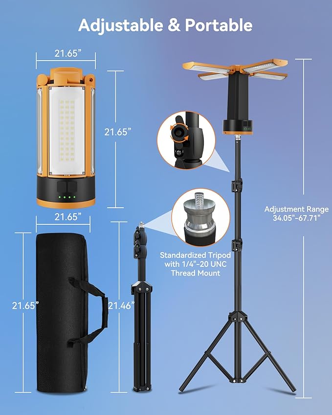 CORESLUX Rechargeable Camping Lights with Stand, 6000K Portable Work Light with 4 LED Lamp Heads, Magnetic Work Light Camping Essentials for Outdoor Work, Garage, Camping, Fishing, 2 PACK