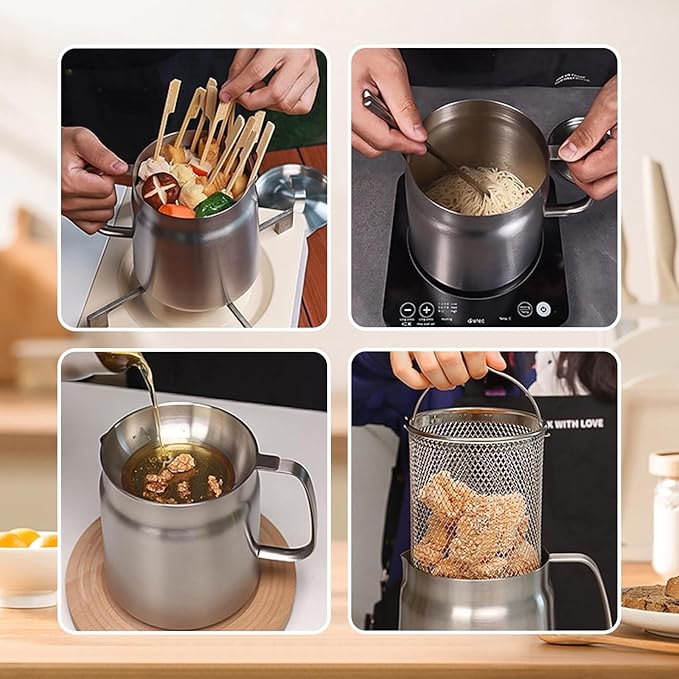 68oz 304 Stainless Steel Deep Fryer Pot with Basket & Strainer, Large Capacity Bacon Grease Container for Kitchen,Frying, Cooking, Camping,Oil Filter Container - Dishwasher Safe (68oz/2L/2.1Qt)