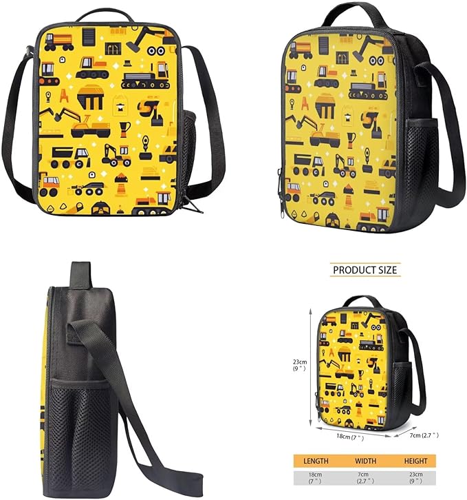 Excavator Backpack with Lunch 2Nd Grade Backpack Boys Lightweight Trendy Kids Bookbag with Lunch Box Boys 4 Piece School Bag for Boys 7-8 Daypack Travel Hiking Outing Camping