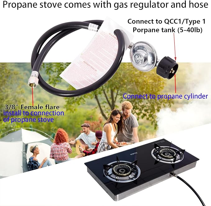 Hothit Portable 2 Burner Propane Stove Gas Cooktop, 28600 BTU Tempered Glass Auto Ignition for Outdoor Kitchen, Camping, RV, Small Apartment