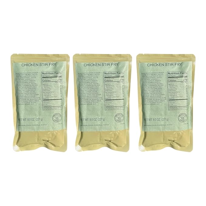 MRE (Meal-Ready-to-Eat) | Single Serving Entree | Emergency Meals | Survival Food | Fresh Dates | Long Shelf Life | Made in USA (3-Pack, Chicken Stir Fry)