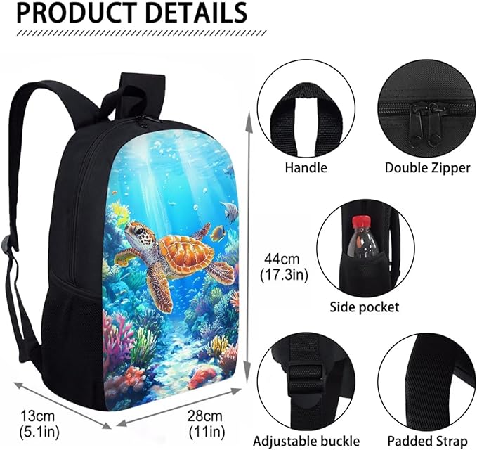 Sea Turtles School Backpack Set for Kids Boys 4Pcs Animal Bookbag and Lunch Bag Sets for Little Boys Ages 8-12 Elementary Middle School,Daypack with Adjustable Strap for Travel Hiking