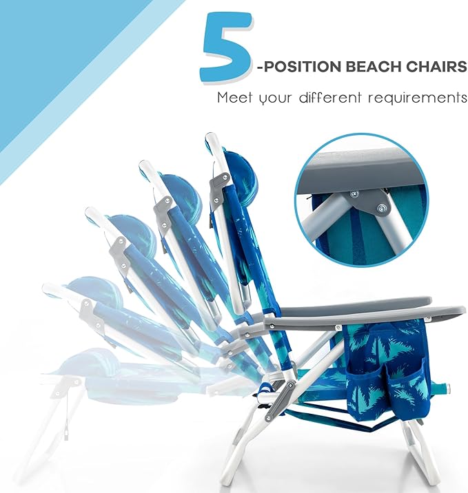 Goplus Beach Chair, Folding Backpack Beach Chairs for Adults with 5 Positions, Head Pillow, Cooler Bag, Towel Bar, Cup Holders, Sunbath Sling Tanning Lounge, Foldable Layout Camping Chairs