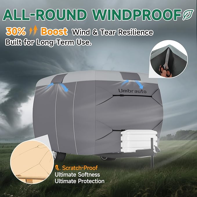 Umbrauto Fiberglass Travel Trailer Cover Fits 13'-16' Trailers, Upgraded 7 Layers Top Camper RV Cover with Windproof Strap,Adhesive Repair Patches