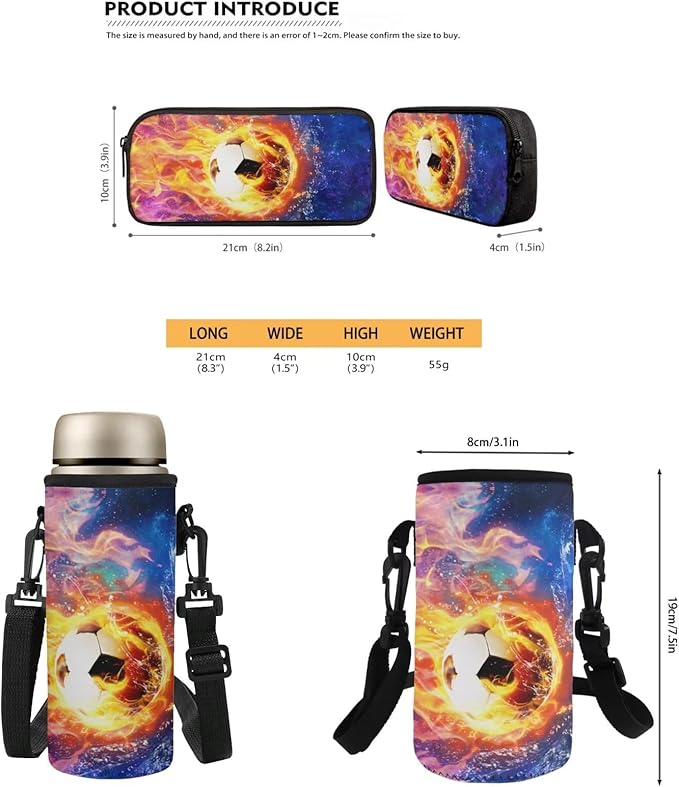 Football School Backpack 17 Inch with Lunch Box and Water Bottle Bag Large Capacity Pencil Case Lightweight Teen Bookbag for Boys Ages 8-16 Kindergarten Elementary Middle Camping Travel
