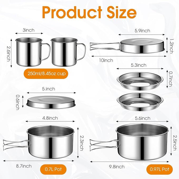 14 Piece Camp Cooking Set, Stainless Steel Camping Cookware with Pot and Pan Kit 2 Set Stainless Steel Cups Plates Forks Knives Spoons for Camping, Backpacking, Outdoor Cooking and Picnic