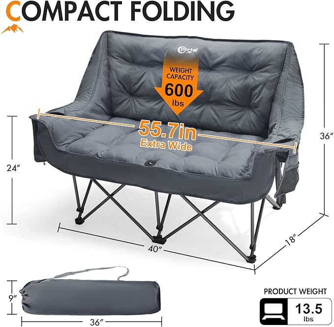 Portal Double Camping Chair, 2 Person Folding Loveseat for Adults, Padded Cushion Camp Lawn Love Seat with Side Pocket Portable Couch, Two Person Heavy Duty Wide Chairs with Cup Holder, 600 lbs