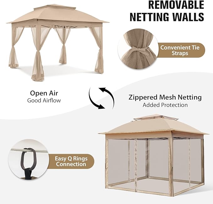 COOS BAY Pop up Gazebo 11x11, Instant Canopy Tent with Mesh Netting, Patio Gazebo with 121 Square Feet of Shade, 4 Weight Bags Included, Khaki