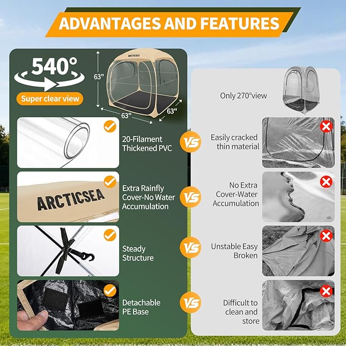 ARCTICSEA Thickened PVC Sports Tent - All-Weather Shelter Pod for 2-6 Person, Pop-Up Shelter, Instant Setup, Removable Top & Sealed Floor for Outdoor Events, Soccer, Rugby