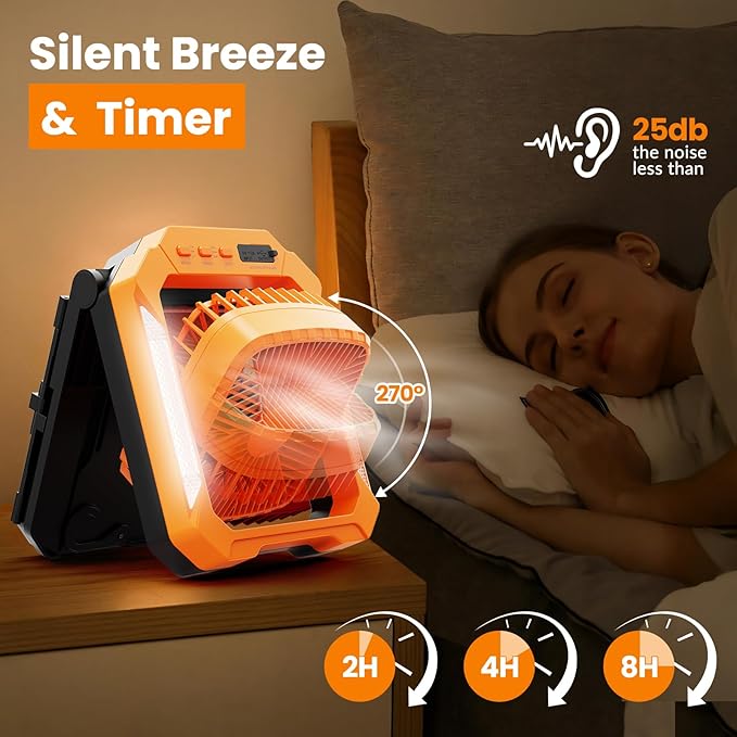 26800mAh Portable Fan Rechargeable with 18W Detachable Solar Panel, Quiet Battery Powered Camping Fan Cordless with LED Lantern,3 Speed,Timer,USB-C,for Bedroom Tent Home Office Desk Hurricane(Orange)