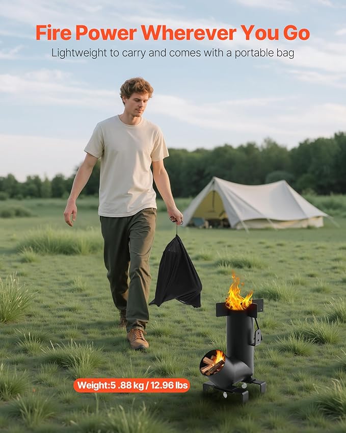 VEVOR Camping Rocket Stove, Wood Burning Portable Rocket Stove with Carrying Bag for Backpacking, Carbon Steel, Burn Wood, Twigs or Sticks for Outdoor Cooking, Backyard, Camp Cooking, Heating, Black