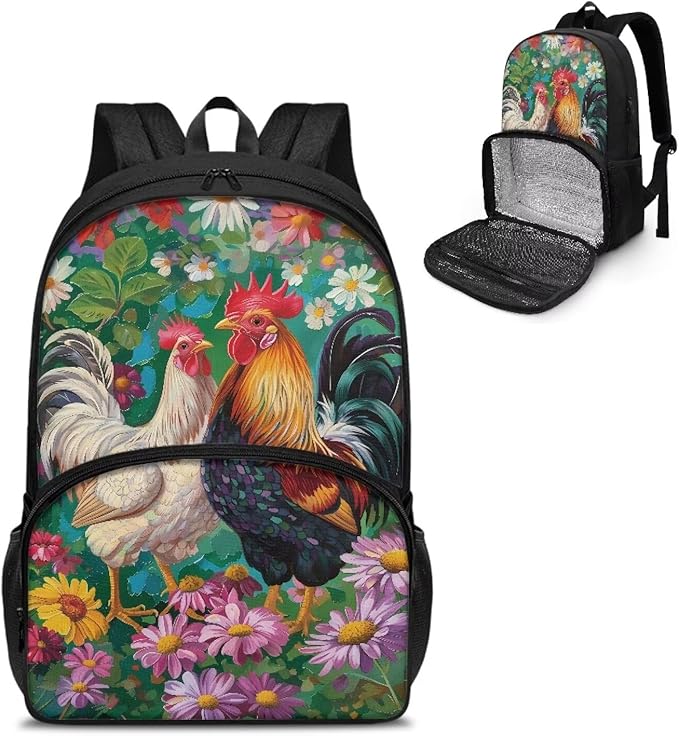 17 Inch Travel Laptop School Backpack for Women Men, Business Work Computer Backpacks Purse Hiking Dayback College Bag with Multi Pockets Large Kids Bookbag, Chicken Rooster Garden