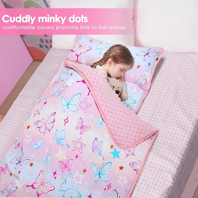 Kids Nap Mat Portable Slumber Bags with Removable Pillow and Blanket for Girls Boys, Lightweight Extra Large Sleeping Bag for Preschool Camping Daycare