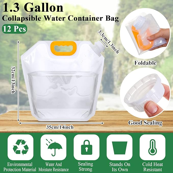 Tessco for you 12 Pack 1.3 Gallon Collapsible Water Storage Bag Water Container Emergency Jug Plastic Storage Pouch Freezable Carrier Tank Foldable Bottle for Outdoor Sport Camping (Clear)