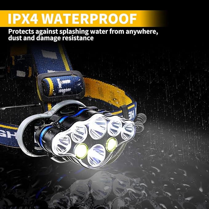 Rechargeable Headlamp, 8 LED 18000lm IPX4, Red Light Flashlight, USB Cable 8 Modes Outdoors Camping Running Fishing Hiking (Yellow Headband)