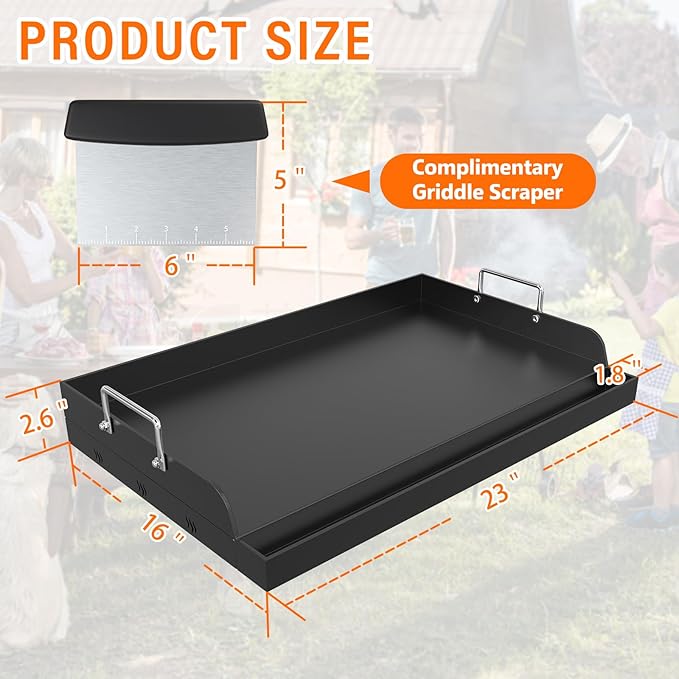 YACONA 23＂×16＂ Nonstick Universal Griddle for Gas Grill, Muti-Purpose Cooking Cast Iron Griddle with Grease Groove, Pre-Seasoned Flat Top Plate Insert for Camping, Tailgating, Parties