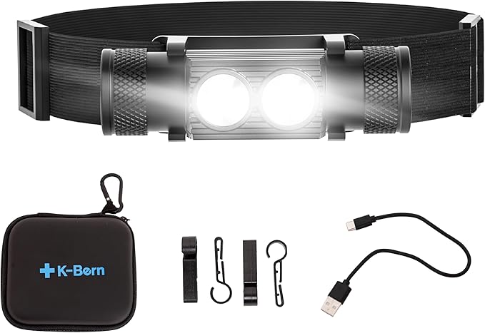 K-Bern Rechargeable Headlamp. 1200 Lumen, Super Bright Head Lights for Forehead. Waterproof, Lightweight Aluminum, 2600mAh Battery, Perfect for Dog Walking, Camping, Hiking & Hard Hats