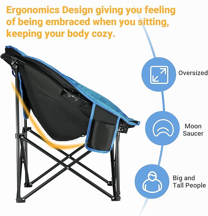 KingCamp Oversized Saucer Round Camping Chair Portable Padded Outdoor Folding Chair for Adult with Cup Holder Back Pocket Carry Bag, Support Up to 300lbs, Blue