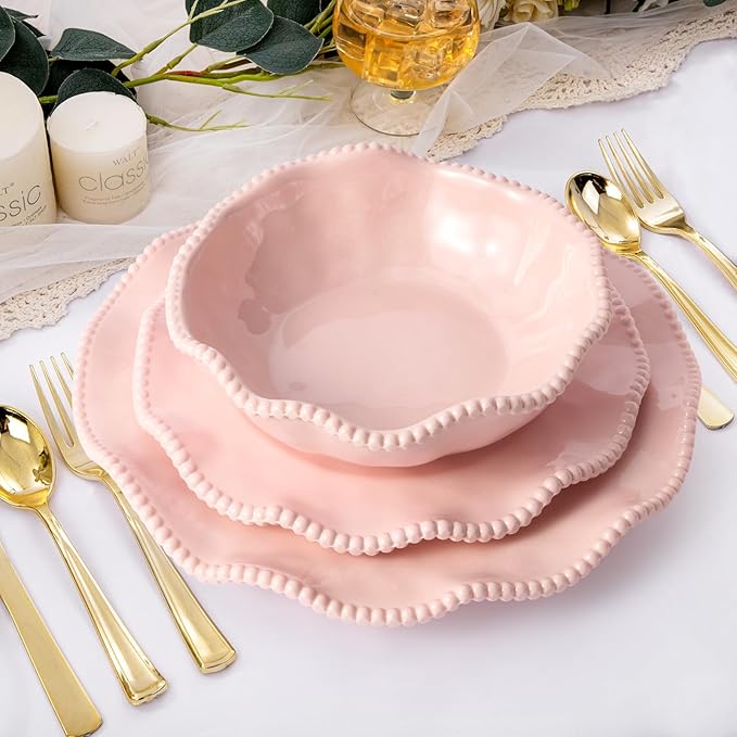 ADSURMELA 6-Piece Pink Melamine Dinnerware Set, Service for 2, Beaded Edge Scalloped Plates with Silver Glitter, Heavy Duty Shatterproof Unbreakable, Elegant for Bridal Shower Wedding Party Outdoor