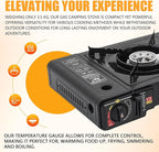 Portable Camping Stove｜24,000 BTU Dual Burner Gas Grill w/Removable Case｜Compact 24.8" Outdoor Cooker for RV Tailgating｜Stainless Steel 2-Burner Propane Stove