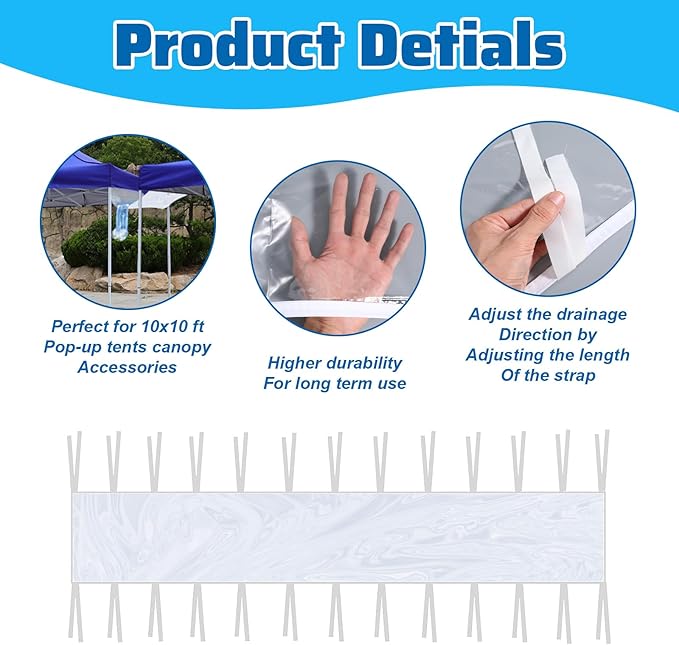 2Pcs Canopy Rain Gutters 10 Ft Heavy Duty Rain Gutter for Pop Up Canopy Waterproof Tent Drainage Accessory for Outdoor Drainage System (Transparent)