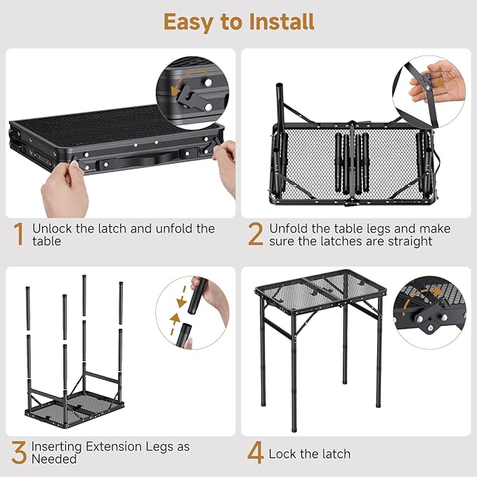 Folding Camping Table, 22" x 15" Picnic Table with 3 Adjustable Height Max 27.5", Matte Black Aluminum Folding Table with Handle for Party, Dining, Garden, Patio, Market (2-Fold Mesh Tabletop)