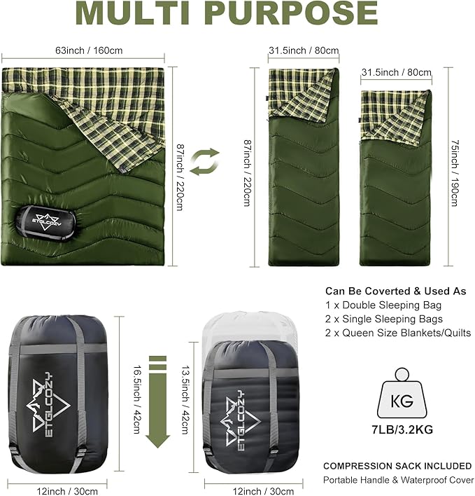 XL Queen Size 2 Person Double Sleeping Bag for Adults, Lightweight Compact with Flannel Liner & Thermolock Draft Tube, Machine Washable All Season Camping Travel