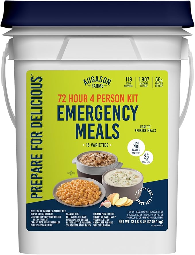 Augason Farms Four Person 72 Hour Emergency Food Supply, 119 Servings, 25 Year Shelf Life, Feeds 4 People - Survival Food Camping Essentials, Family Meals Prepared Dinner, Lunch, and Breakfast