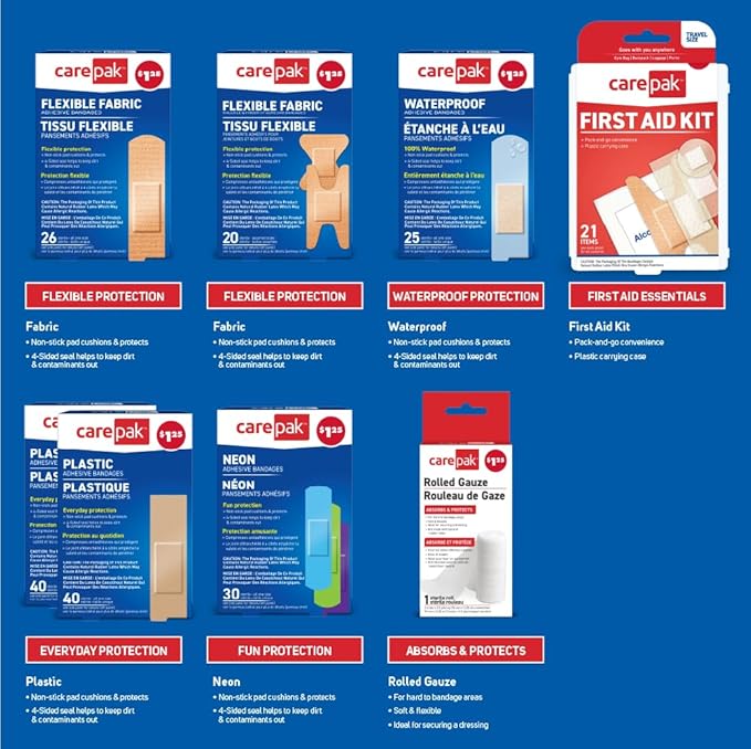Care Science CarePak Variety Pack 203pc, Assorted | Includes Sheer, Waterproof, Plastic Bandages and a First Aid Kit. Breathable Protection for Use on Minor Cuts, Scrapes and Burns