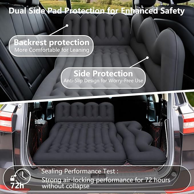 Car Air Mattress, Inflatable SUV Truck Camping Mattress for Back Seat, Thickened Travel Car Bed Sleeping Pad with 2 Round air-Filled Bolster,Air Pump and 2 Pillows (Black)