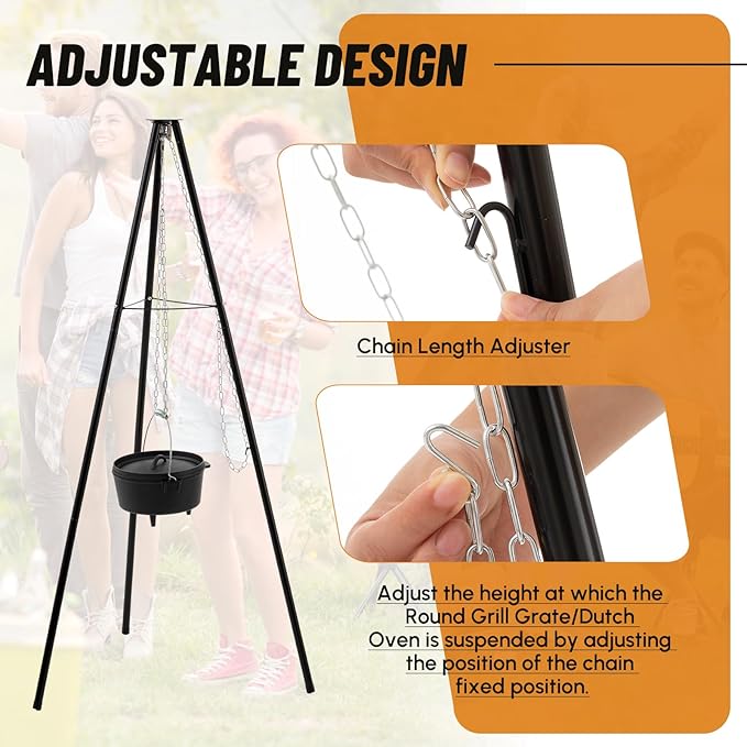 Maxdot Camping Tripod Dutch Oven for Camp Fire Cooking Equipment, 4 Quart Cast Iron Dutch Oven with Lid, Adjustable Height Tripod Campfire Lantern Hanger, Grill Grate, Cap Remover for over Fire Pit