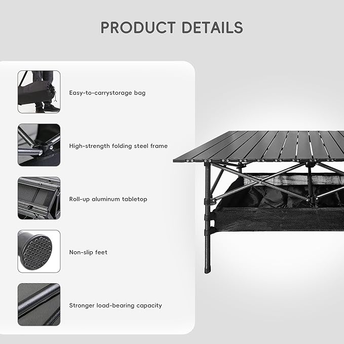 Black Foldable Camping Table, Portable Aluminum Folding Table That Fold Up Lightweight, Outdoor Beach Grill Table for BBQ, Backyard, Party, Patio, Picnic