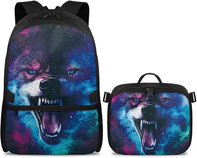 Wolf Universe Backpack with Lunch Box for Men Cool School Bag for Teen Boys Insulated Lunch Bag for Outdoor Polyester Bookbag for Travel Camping