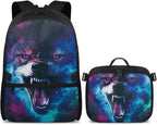 Wolf Universe Backpack with Lunch Box for Men Cool School Bag for Teen Boys Insulated Lunch Bag for Outdoor Polyester Bookbag for Travel Camping