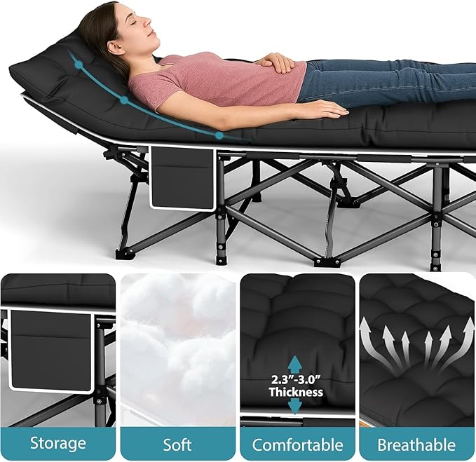 Folding Camping Cot for Adults - Heavy Duty Sleeping Cots with Carry Bag, Double Layer Oxford Portable Travel Camp Cots for Outdoor Camp Beach Home Office (Black Frame with Black Pad, 1PACK)