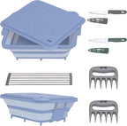 9-IN-1 Collapsible BBQ Prep Tub with Cutting Board, Portable Grill Prep Station with Side Brackets, Lids, Knives, Meat Claws and Drain Rack, Space-Saving for Kitchen, RV, Camping, Blue
