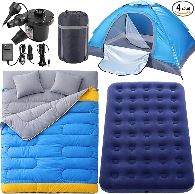 4 Pcs Camping Tent Set Include 1-2 Person Tent, Sleeping Bag, Air Mattress and 110v Ac/12v Electric Air Pump with 3 Nozzles Easy Set up Shelter with Rain Fly and Carrying Bag for Outdoor