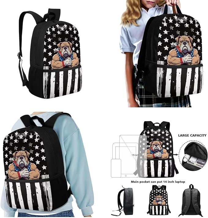 3 Pieces American Flag and Cool Dog Pattern School Bag Set for Boys, Students Book Bag with Large Capacity Lunch Box Pencil Case, Bags Set for Picnic Hiking Camping