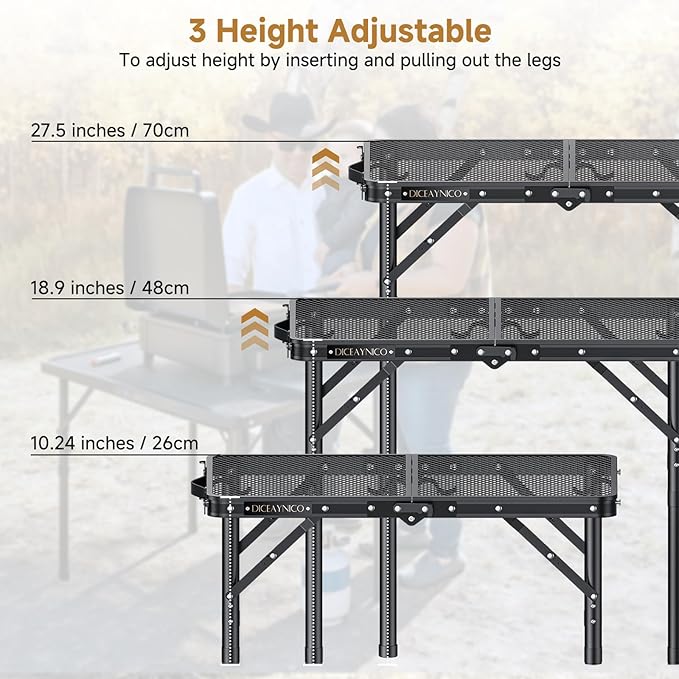 Folding Camping Table, 22" x 15" Picnic Table with 3 Adjustable Height Max 27.5", Matte Black Aluminum Folding Table with Handle for Party, Dining, Garden, Patio, Market (2-Fold Mesh Tabletop)