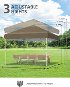 GarveeLife 10x10 Pop Up Canopy with One Button Push Setup - Heavy Duty Outdoor Canopy Tent with Portable Roller Bag - 3 Adjustable Height, 4 Weight Bags, 8 Stakes & 4 Guy Ropes Included, Khaki
