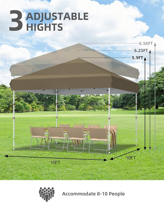 GarveeLife 10x10 Pop Up Canopy with One Button Push Setup - Heavy Duty Outdoor Canopy Tent with Portable Roller Bag - 3 Adjustable Height, 4 Weight Bags, 8 Stakes & 4 Guy Ropes Included, Khaki