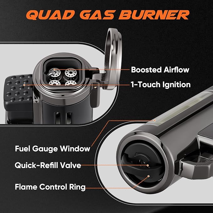 Torch Lighter, Refillable Windproof Adjustable Quad Jet Flame Butane Lighter for Candle Grill BBQ Camping Fireworks, 2 Pack (No Fuel Included)